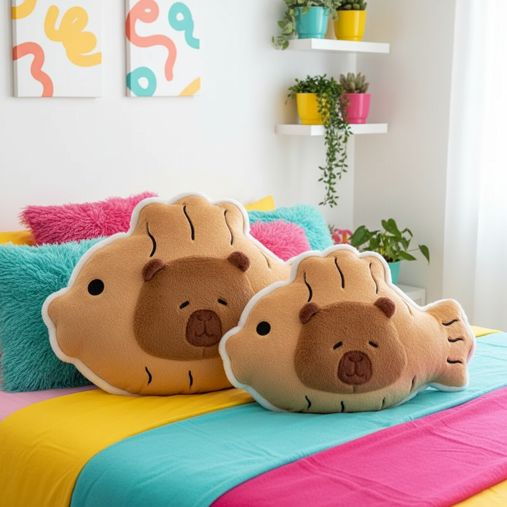 Two fish and capybara shaped cushions on a colorful bed with a playful room setting.
