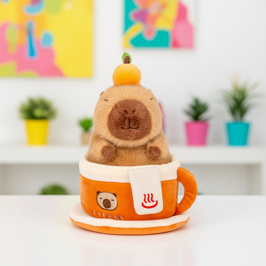 Plush toy capybara in a coffee cup with colorful background