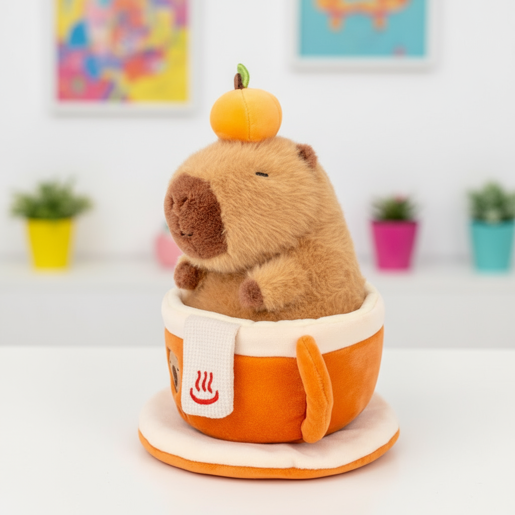Plush toy resembling a capybara in an orange costume with an orange on its head, set against a colorful background.