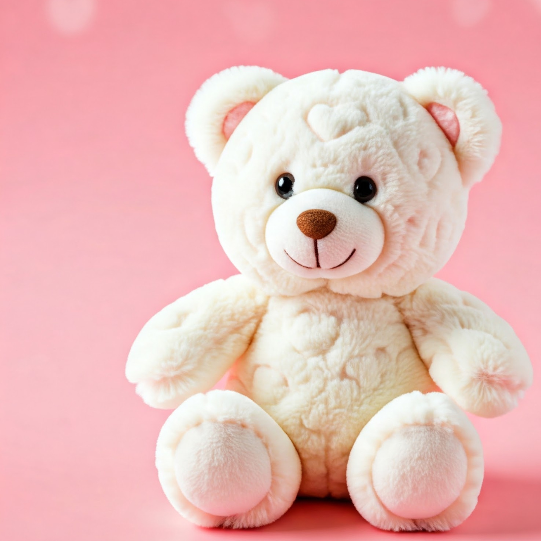 White teddy bear stuffed animal sitting in a pink colored background