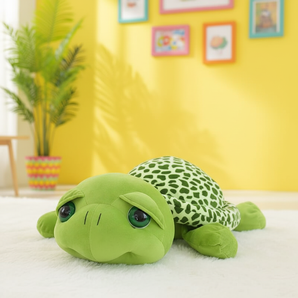 Green plush turtle toy on a white surface with a yellow wall and framed pictures in the background