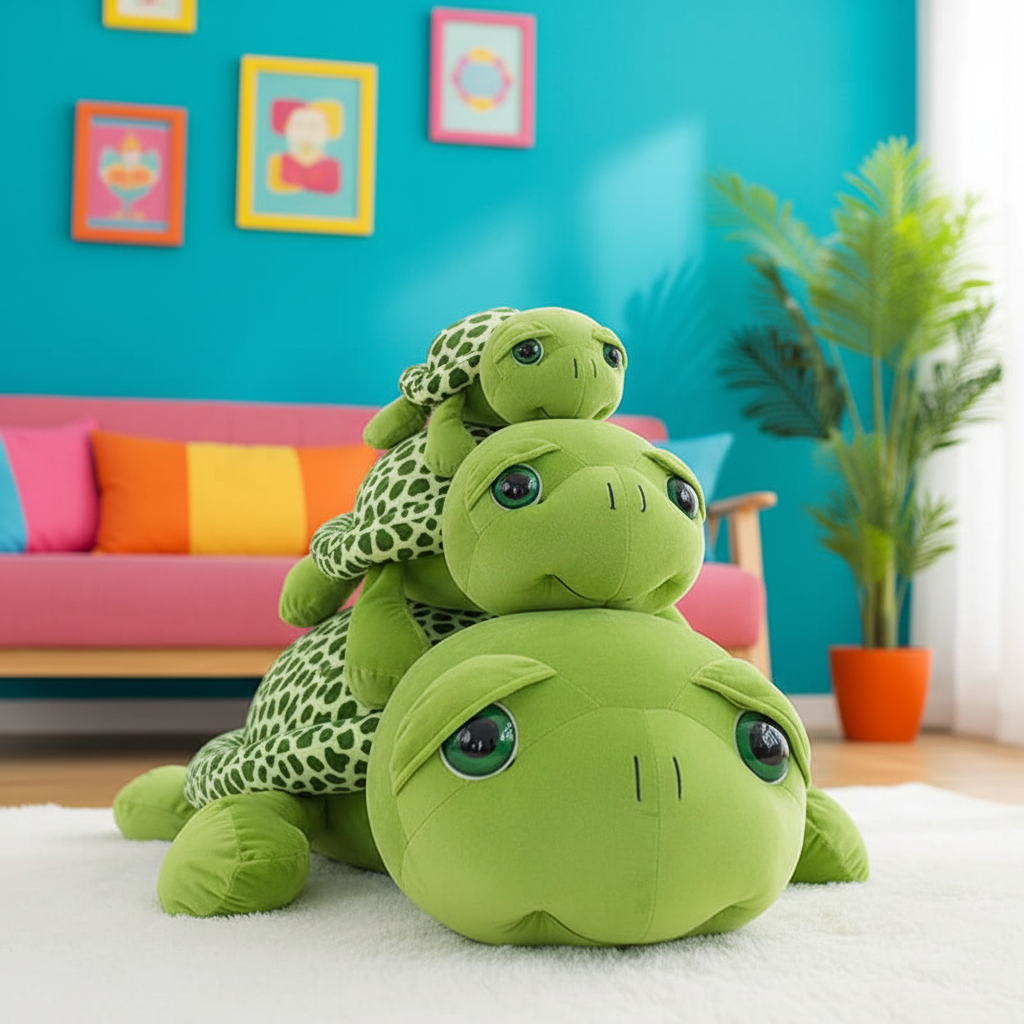 Stack of green plush turtles on a white rug with a colorful couch and plant in the background.