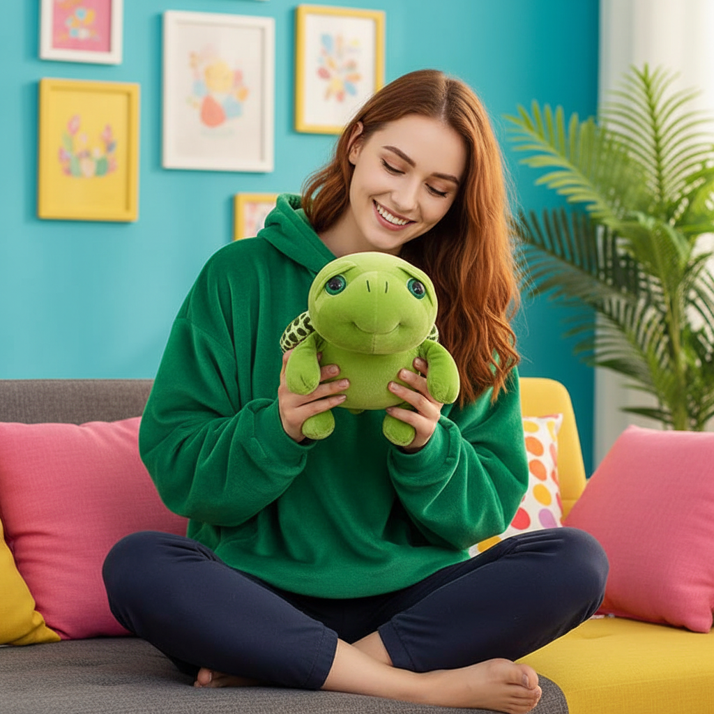 Woman holding a green plush turtle toy in a colorful living room.