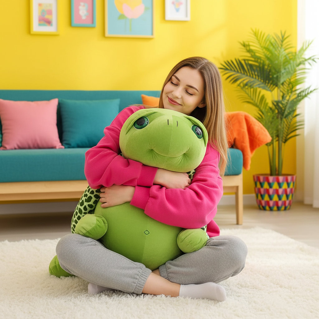 Woman hugging a large green plush turtle in a colorful living room.
