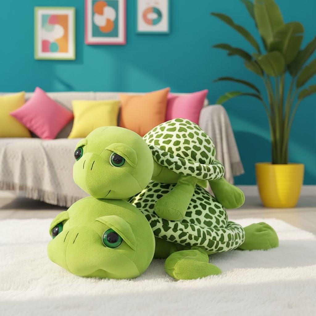Two green plush turtles on a rug with a colorful couch and plant in the background