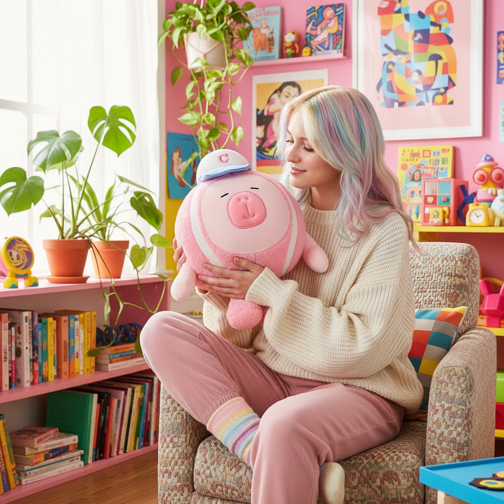 Girl with pastel colored hair holding a Tennis Ball Capybara plushie in a bright and colorful room