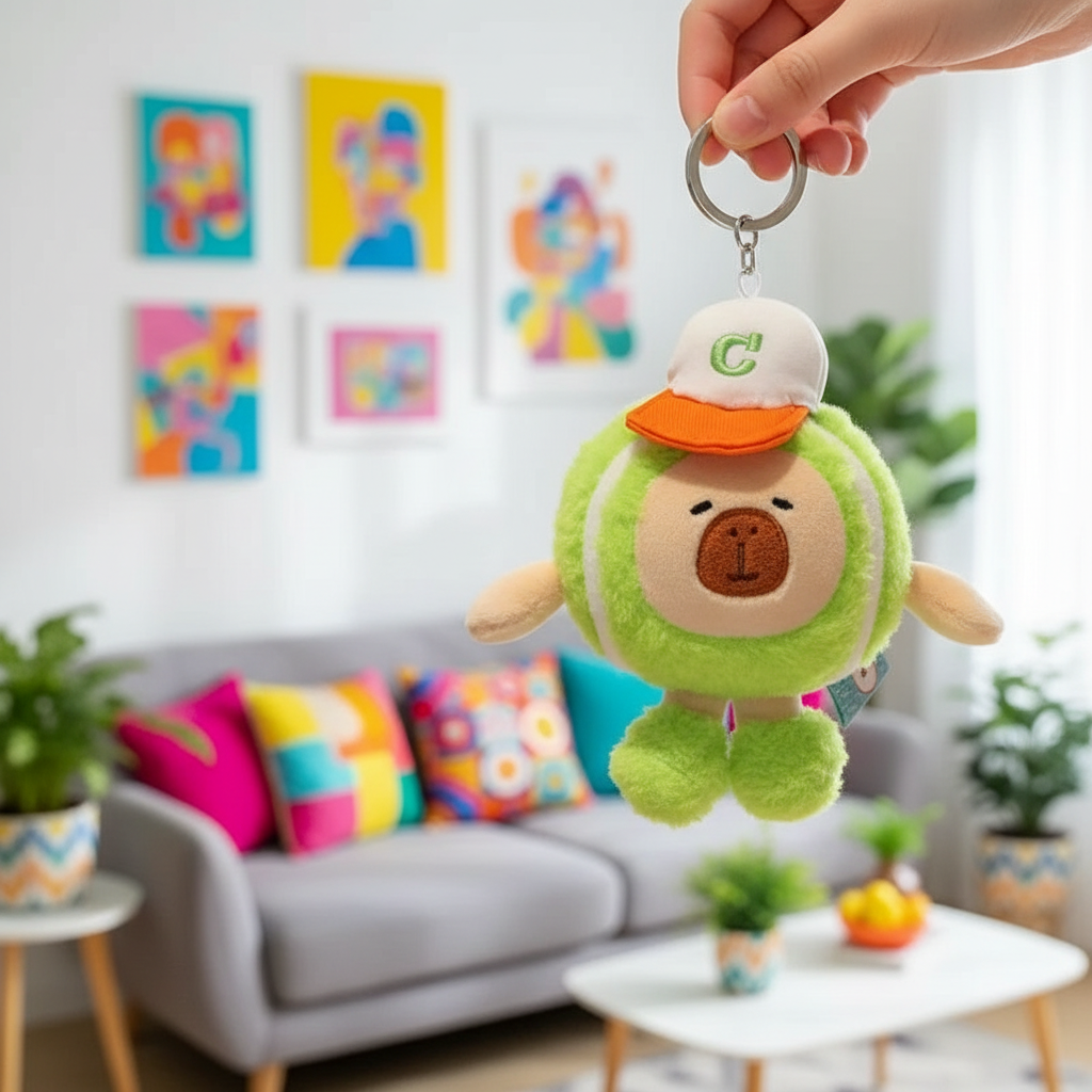 Tennis Ball Capybara Plush Keychain being held by a hand in a colorful living room setting