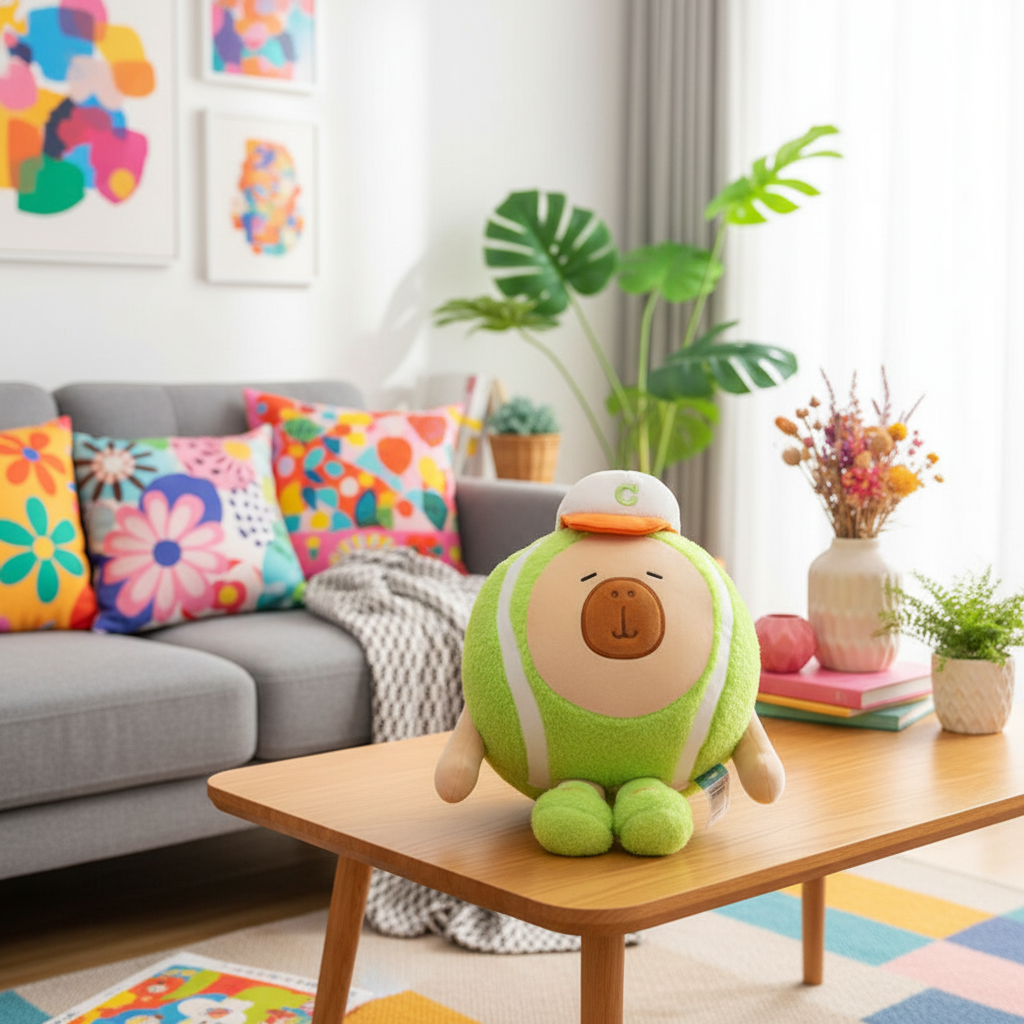 Green Tennis Ball Capybara plush toy sitting on a table in a colorful room