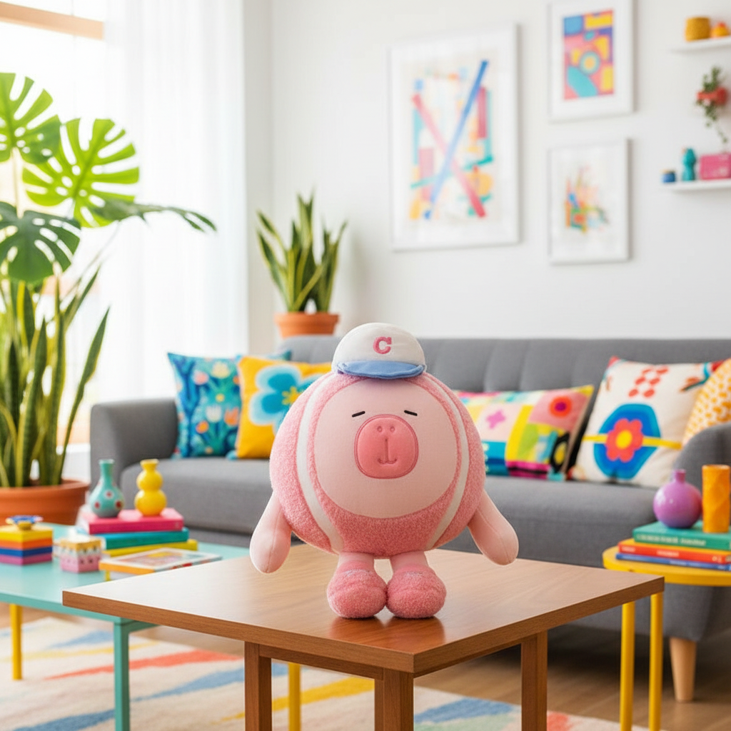 Pink plush toy with a blue cap on a wooden table in a colorful living room.