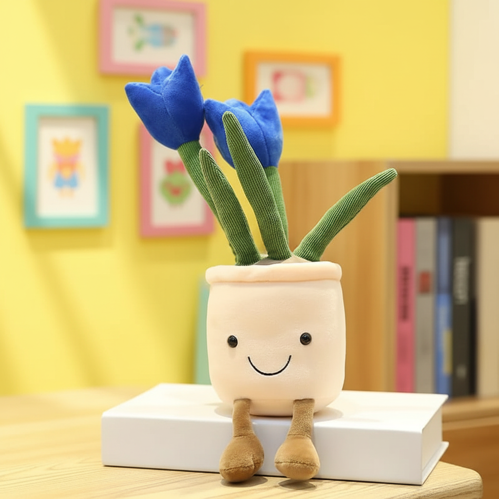 Plush toy tulip flower pot with blue flowers on a book against a yellow wall with framed pictures.