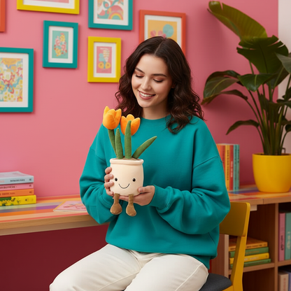 Woman holding a potted tulip plant with a smiley face in a colorful room.