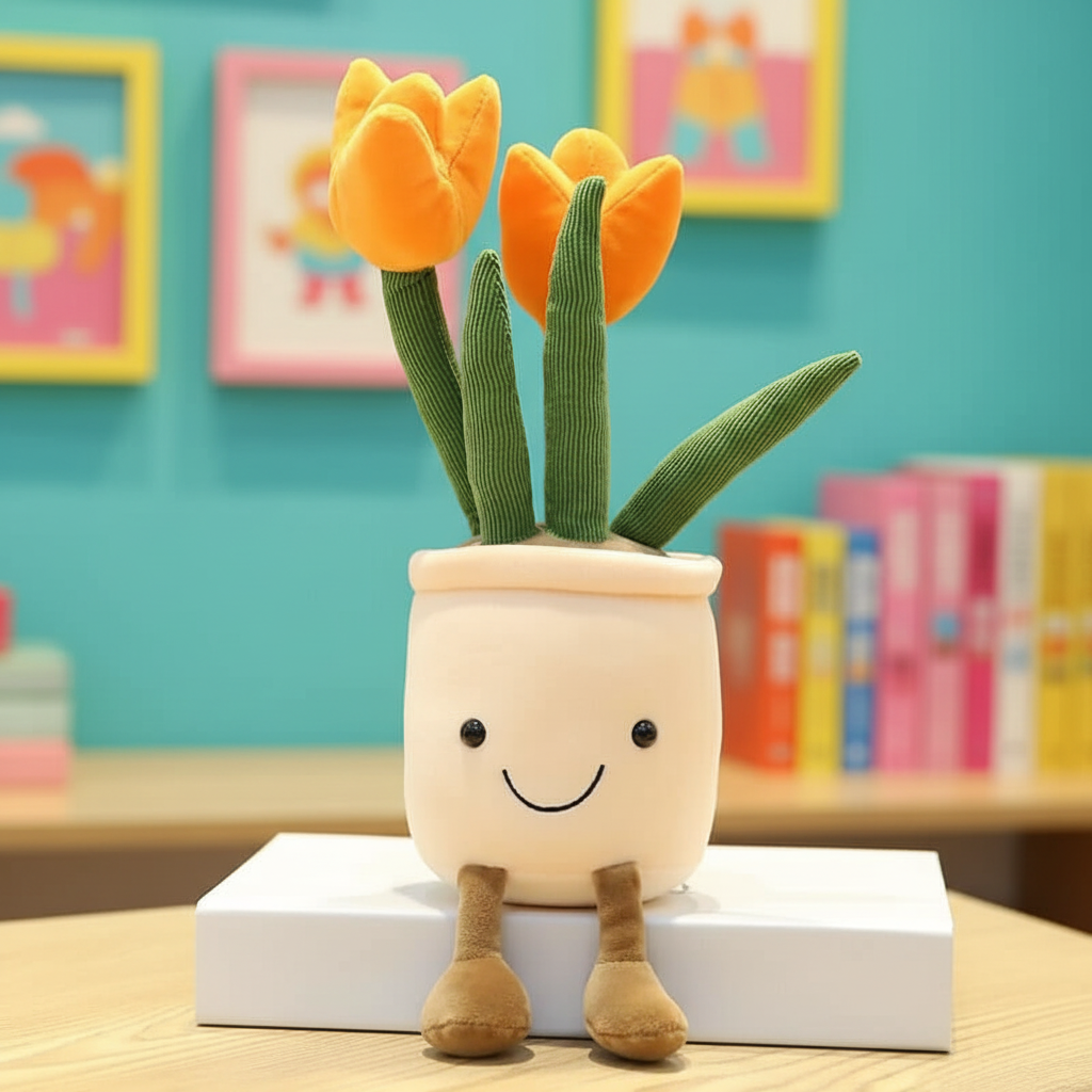 Plush flower pot with smiling face on a table against a colorful wall.