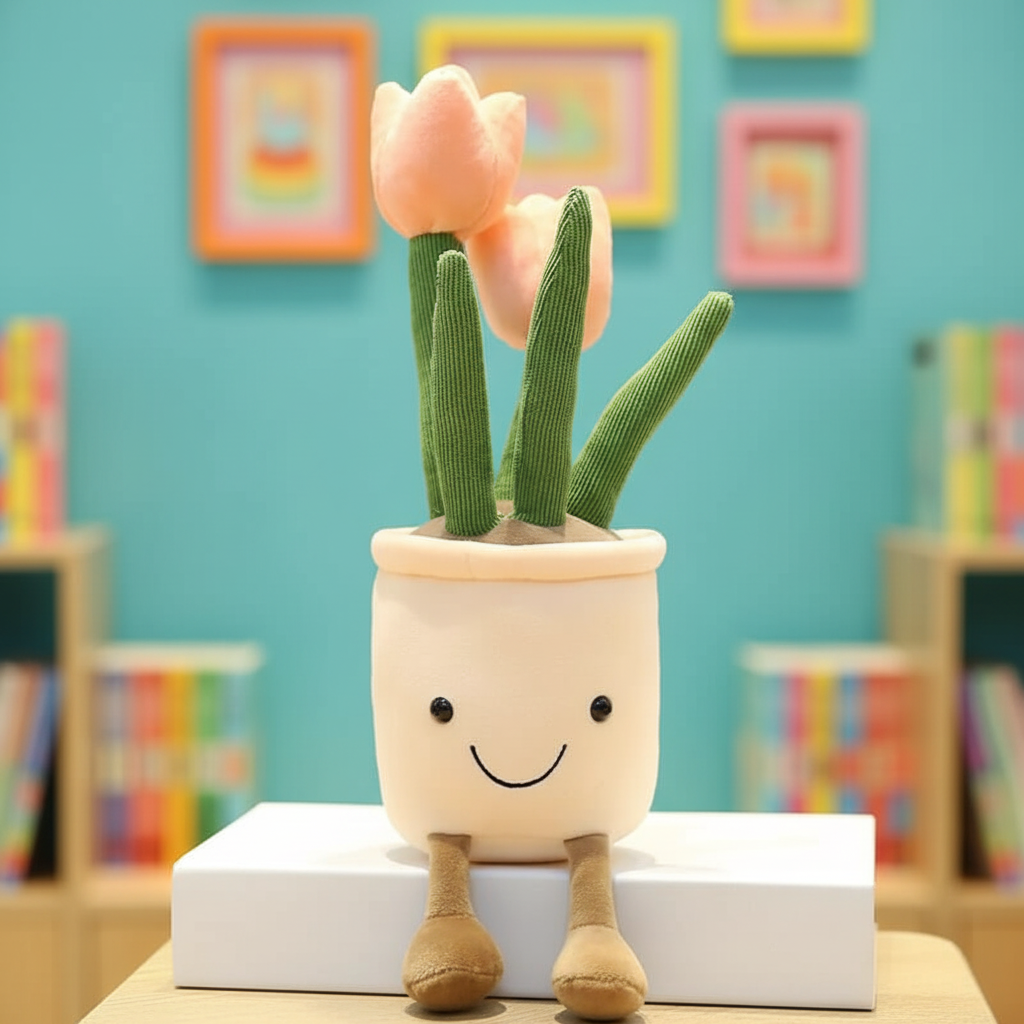 Plush toy tulip plant with a smiling face on a white block against a colorful background