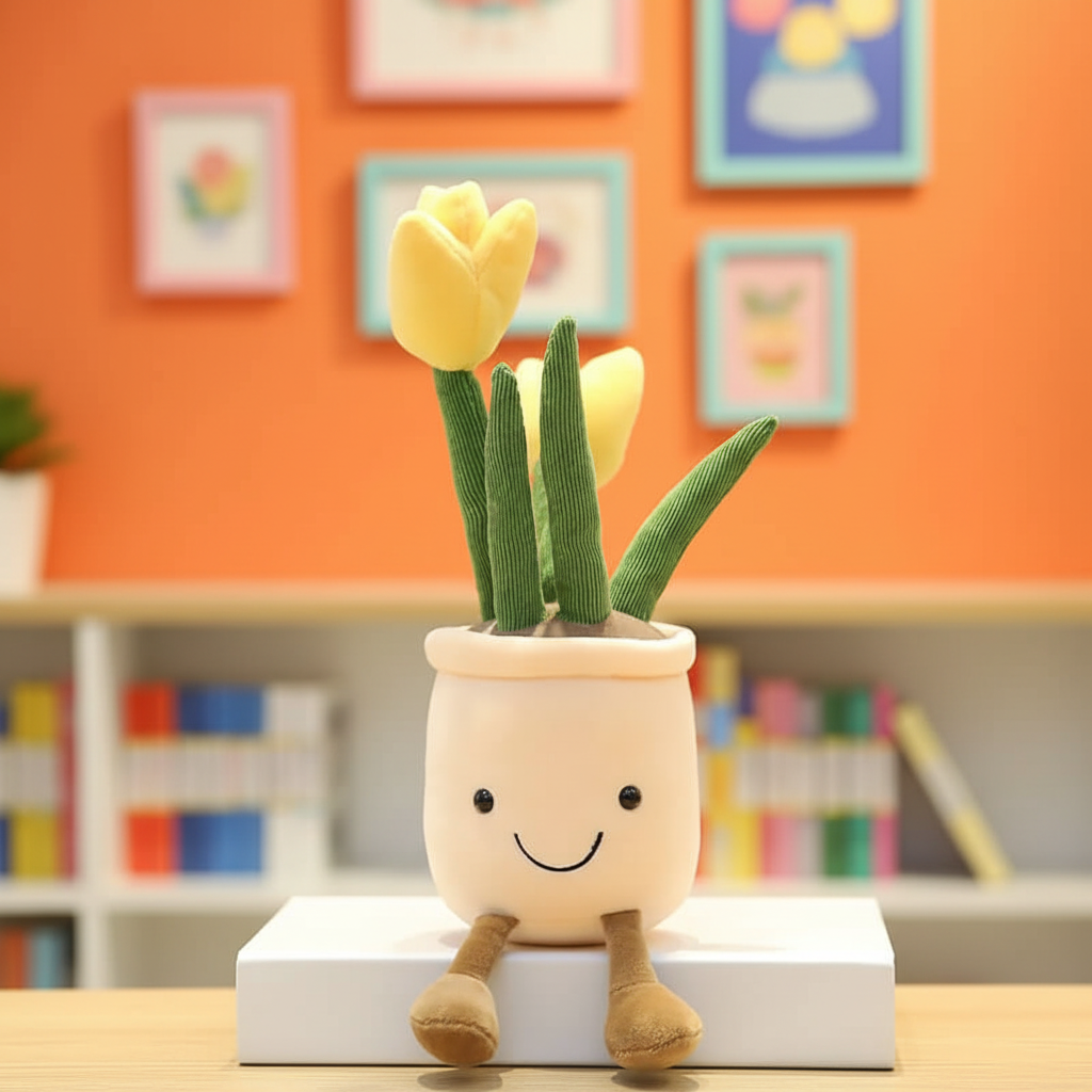 Plush toy tulip flower pot with a smiley face on a table against an orange wall with framed pictures.