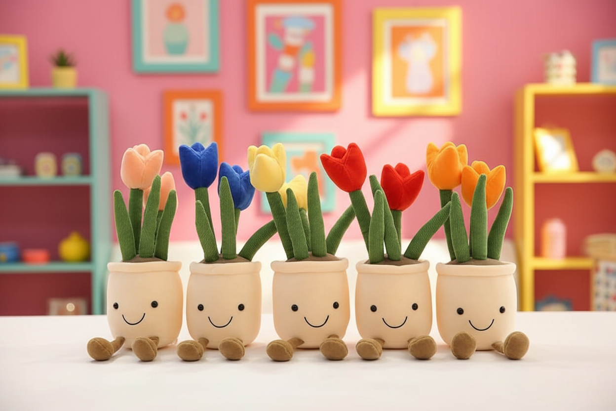 Colorful tulip-shaped plush toys in pots with smiling faces on a table against a pink wall with decorations.
