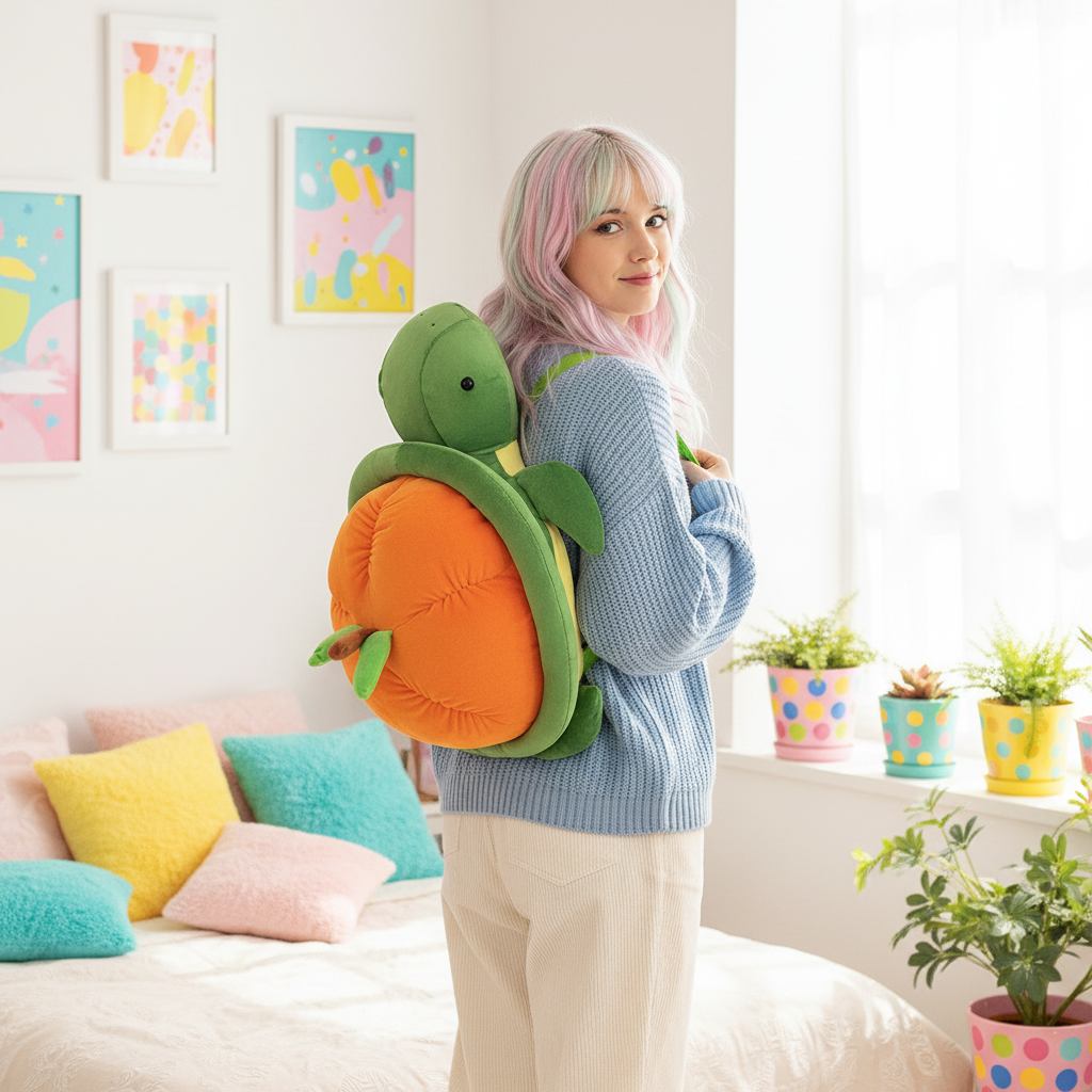 Person wearing a turtle-shaped plush backpack in a room with colorful decor
