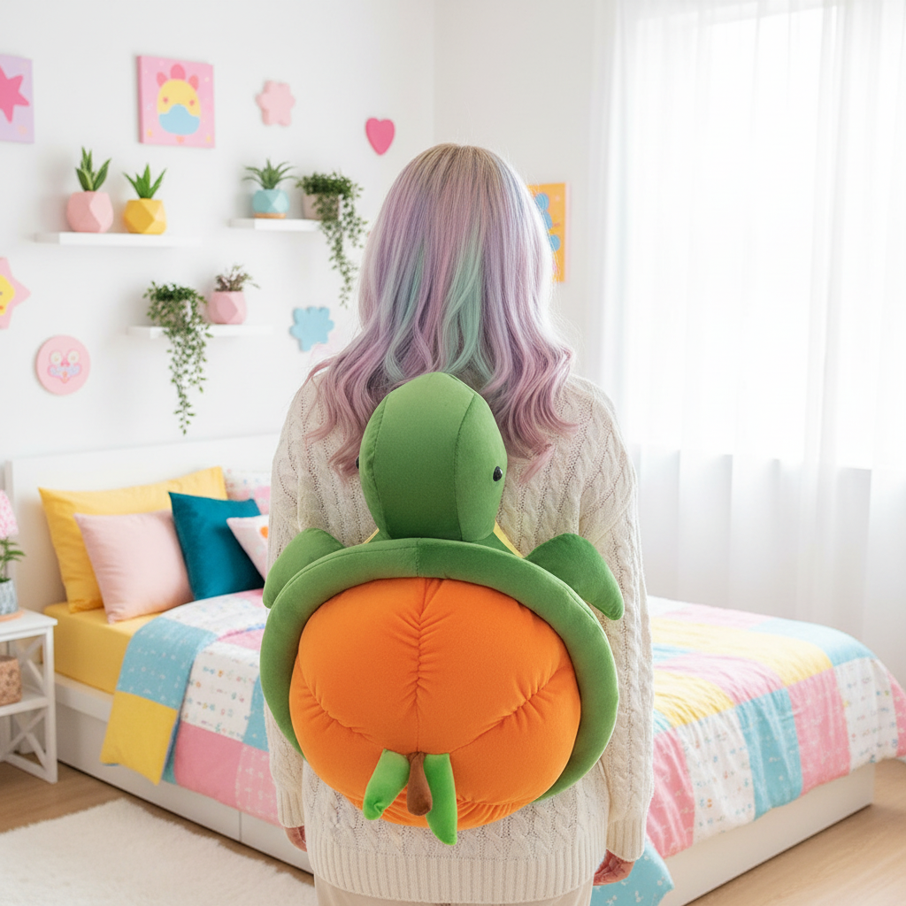 Person wearing a green turtle-shaped plushie backpack in a colorful room.