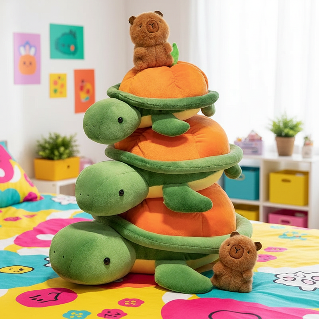 Stack of colorful plush toys including a turtle and capybara on a bed with a playful room background.