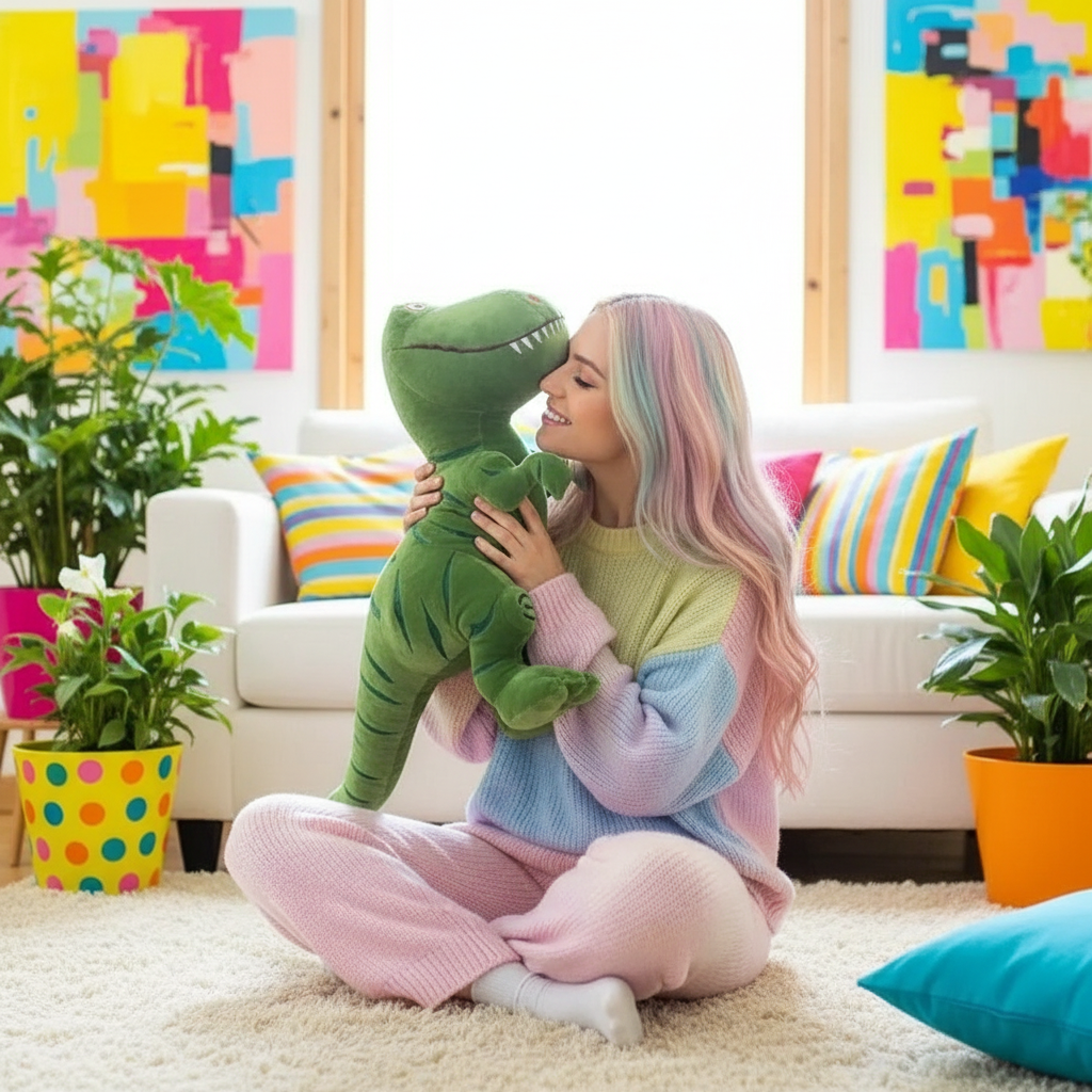 Woman holding a green dinosaur plush toy in a colorful living room.
