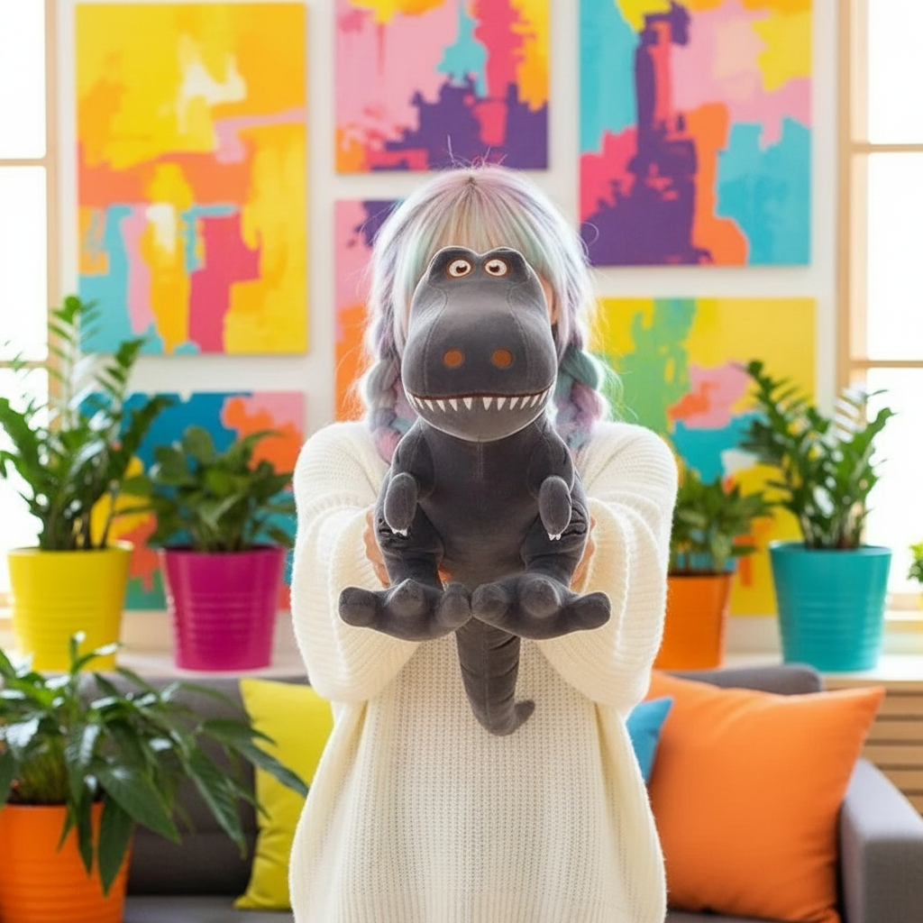 Person holding a plush toy in a colorful room with abstract art and plants.