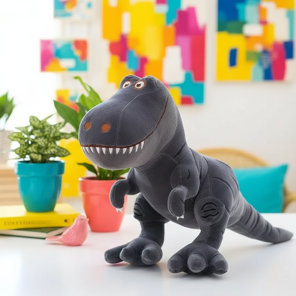 Plush dinosaur toy on a table with colorful abstract art in the background