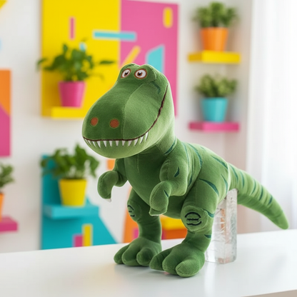 Green dinosaur plush toy on a white surface with colorful abstract art in the background
