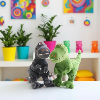 Two toy dinosaurs, one gray and one green, in a room with colorful decor.