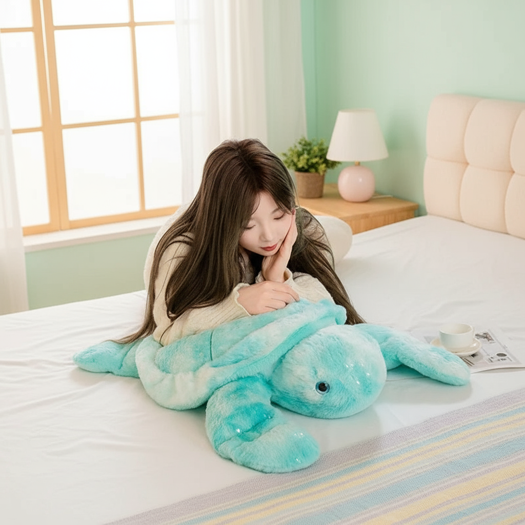 Person lying on a bed with a large blue turtle plush toy, in a room with a window and lamp.