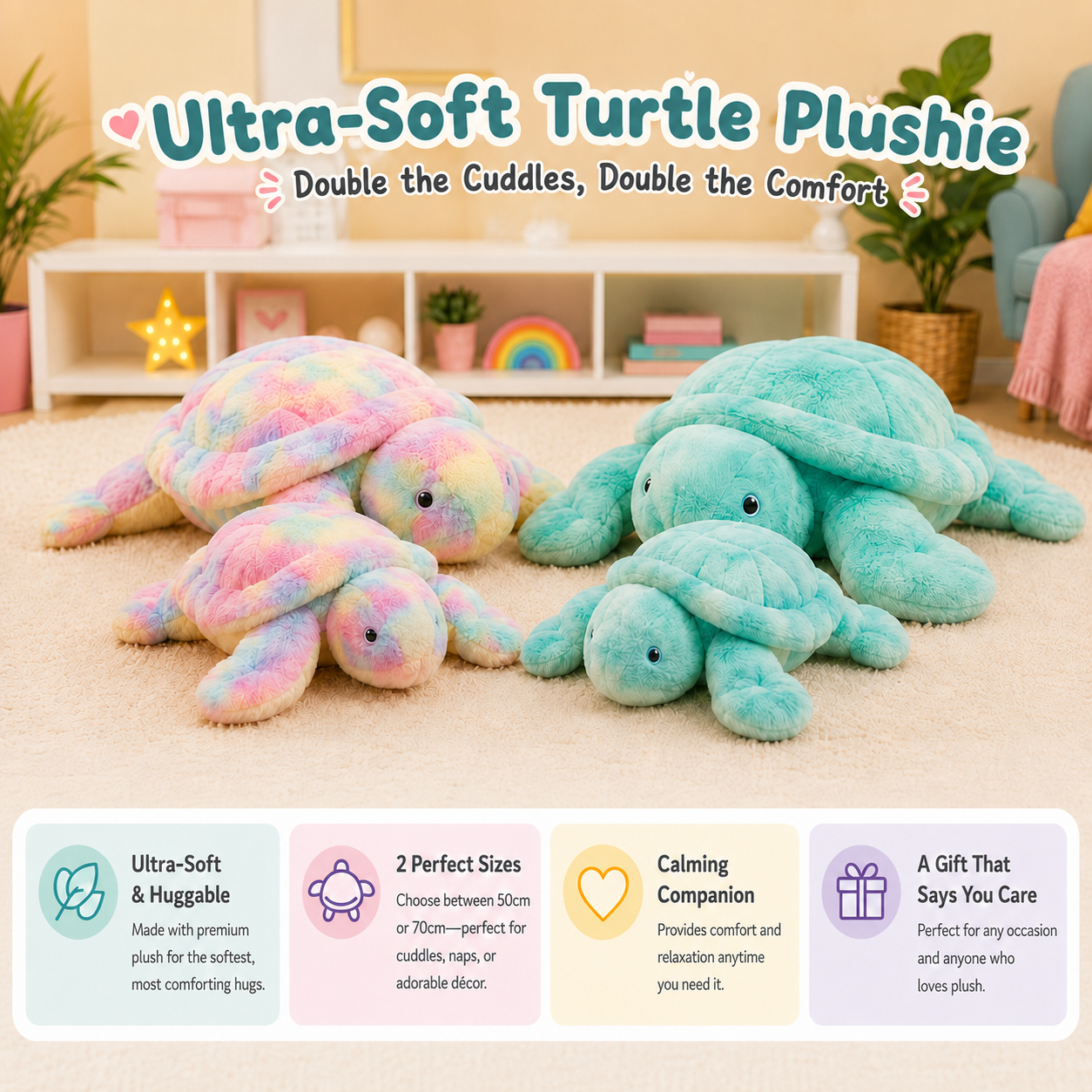 Two pastel rainbow and mint green turtle plush toys on a beige carpet in a styled room, with promotional text at the top and feature callouts at the bottom.