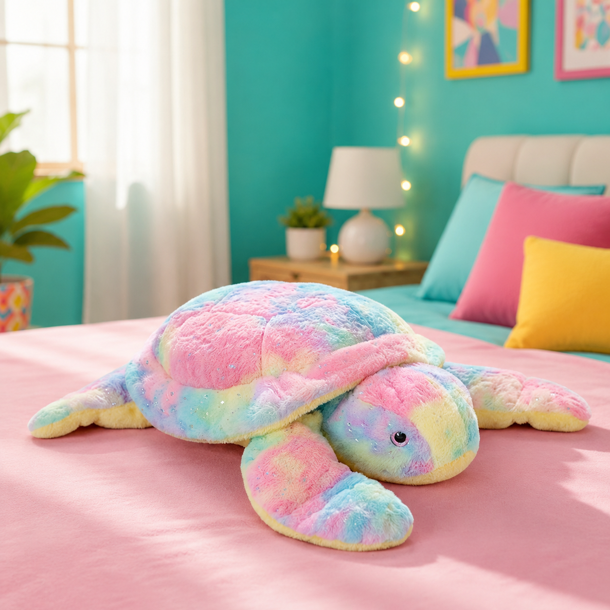 Rainbow colored plush turtle toy laying on a pink bed in a colorful bedroom with blue walls