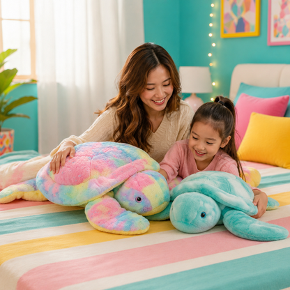 A woman and a young girl smile while lying on a pastel striped bed, each holding a large plush sea turtle toy. The room has bright turquoise walls, colorful pillows, and string lights.