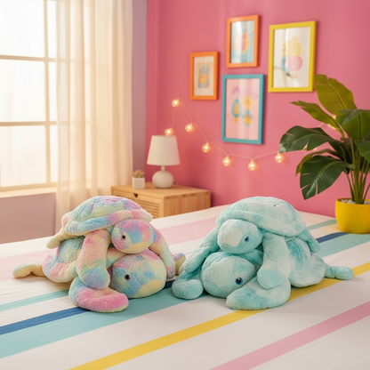 Two colorful turtle plush toys on a bed in a room with pink walls and string lights.