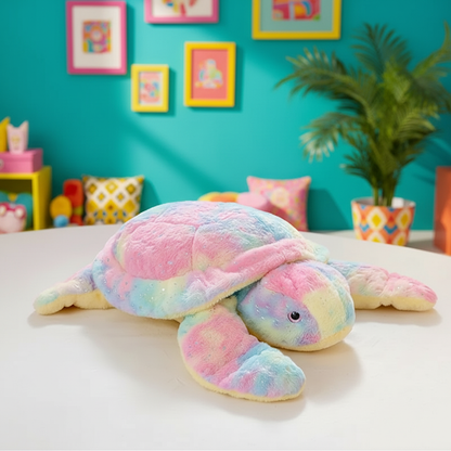 Colorful plush turtle toy on a white surface with a colorful wall and plant in the background