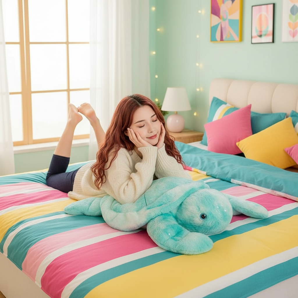 Woman lying on a colorful bed with a large blue turtle plush toy, surrounded by bright decor.