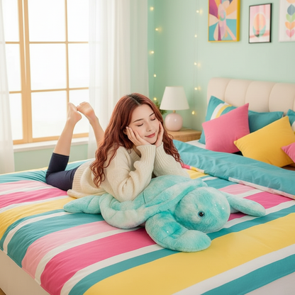 Woman lying on a colorful bed with a large blue turtle plush toy, surrounded by bright decor.