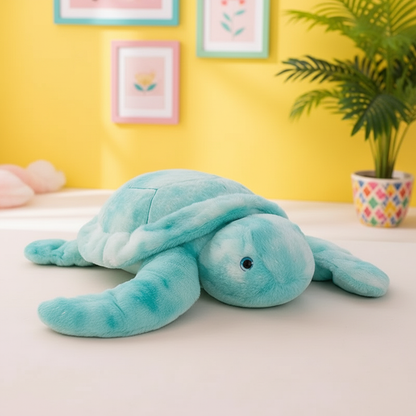 Plush turtle toy on a light surface with a yellow wall and plant in the background