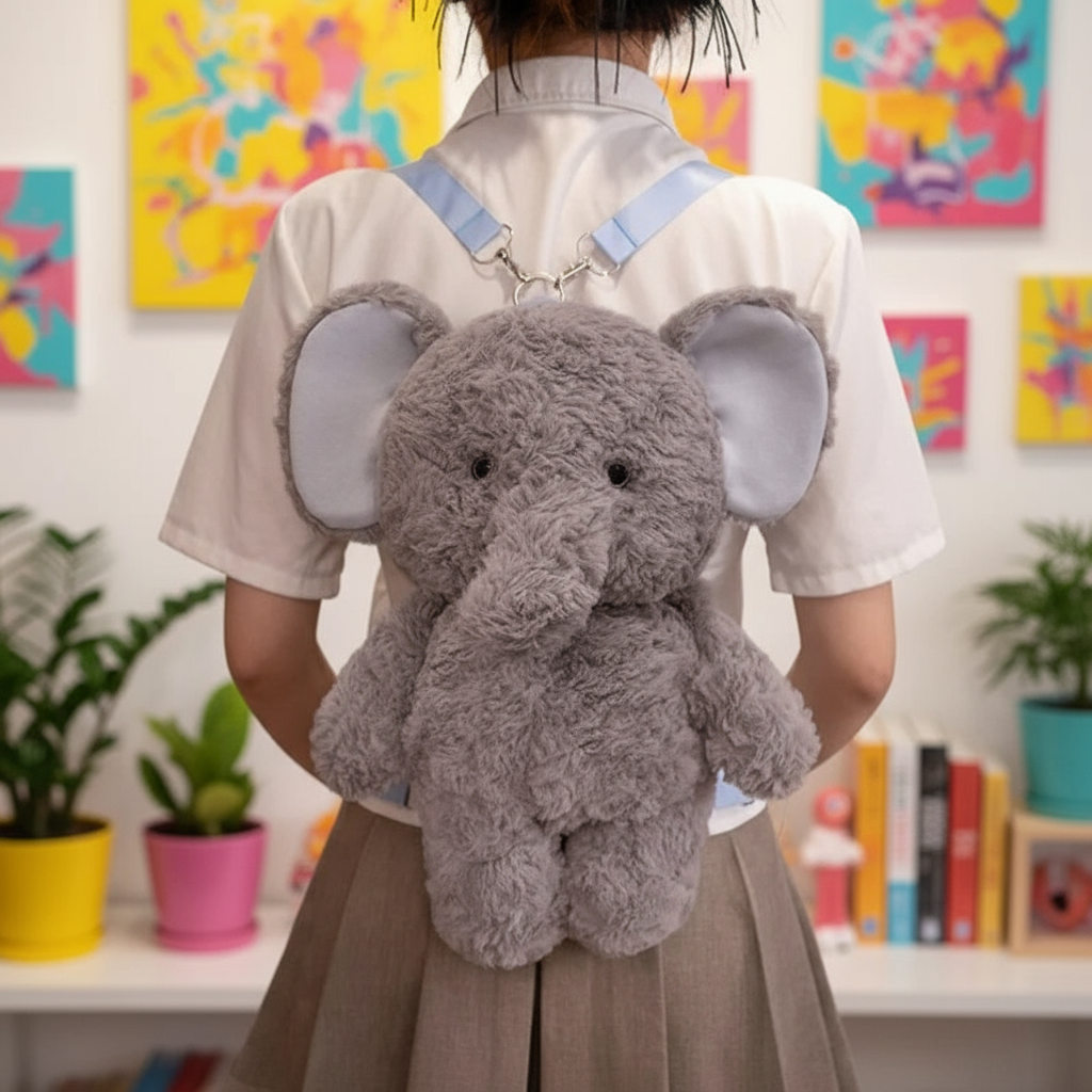 Person wearing a gray elephant-shaped backpack in a room with colorful paintings and plants.