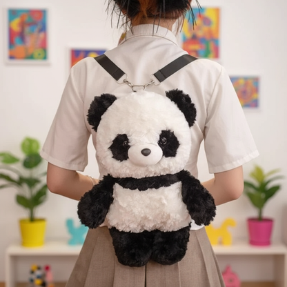 Person wearing a panda backpack in a room with colorful decorations