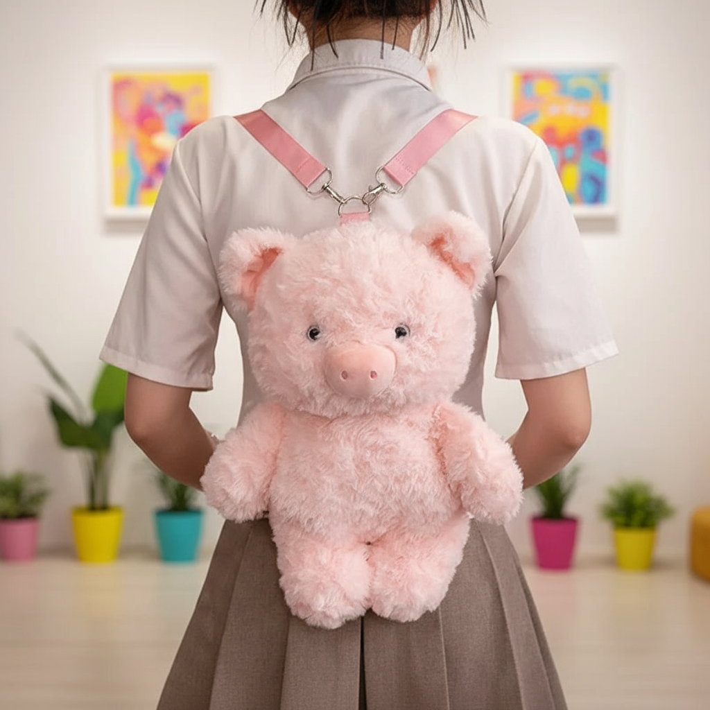 Person wearing a pink pig-shaped backpack in an indoor setting with colorful plants.