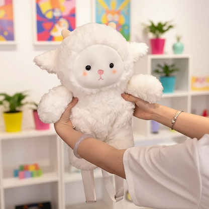 White fluffy toy held by a person in a colorful room with shelves and plants.
