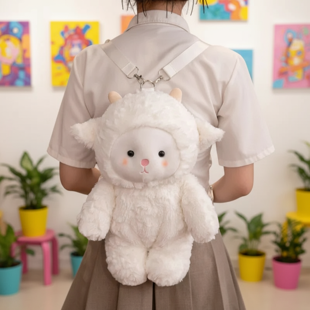 Person wearing a white fluffy backpack with a cartoon face design in a room with colorful paintings on the wall.