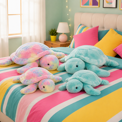 Two colorful turtle plush toys on a bed in a room with pastel green walls and string lights.