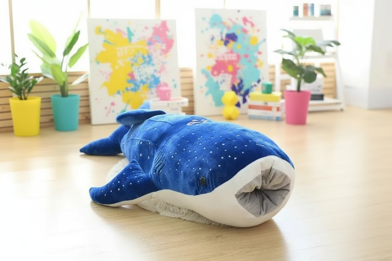Blue whale shark-shaped plush toy on a wooden floor with colorful decorations in the background