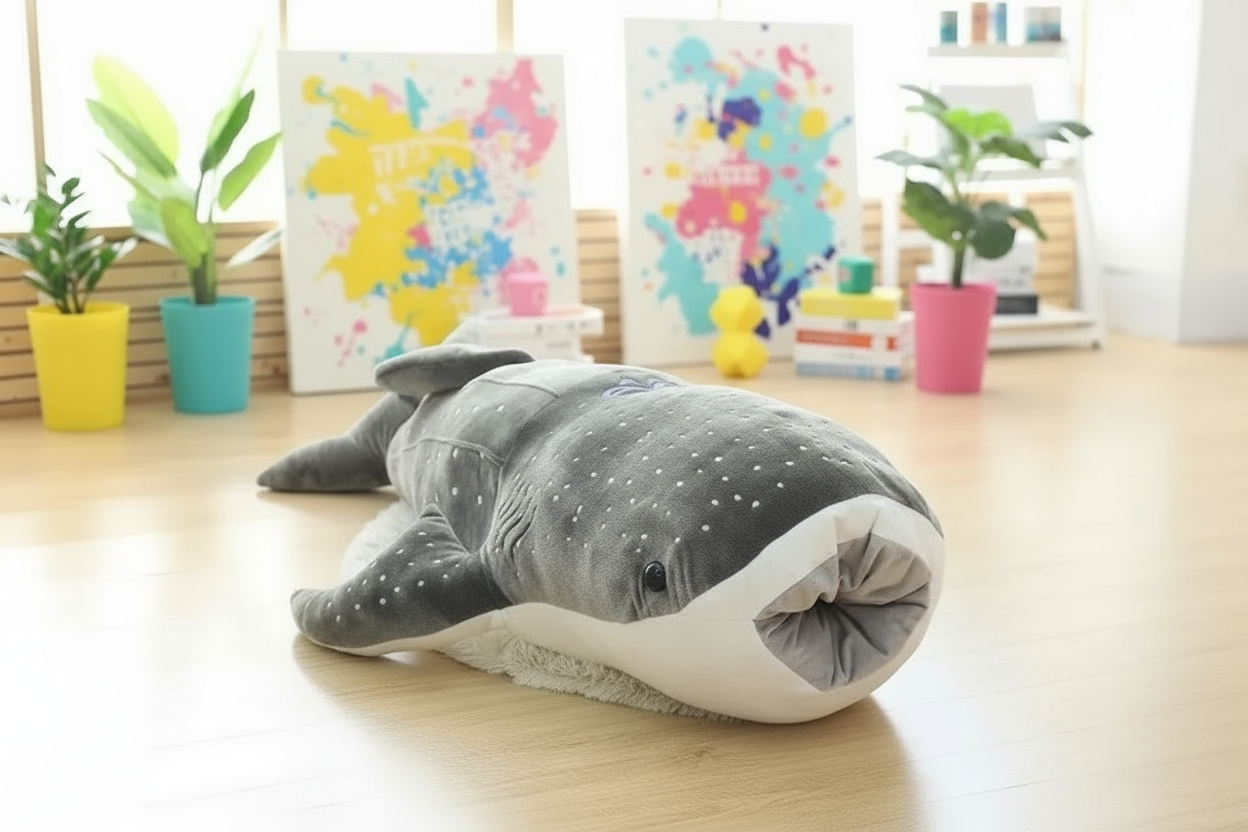 Gray plush whale shark toy on a wooden floor with colorful abstract paintings and plants in the background.