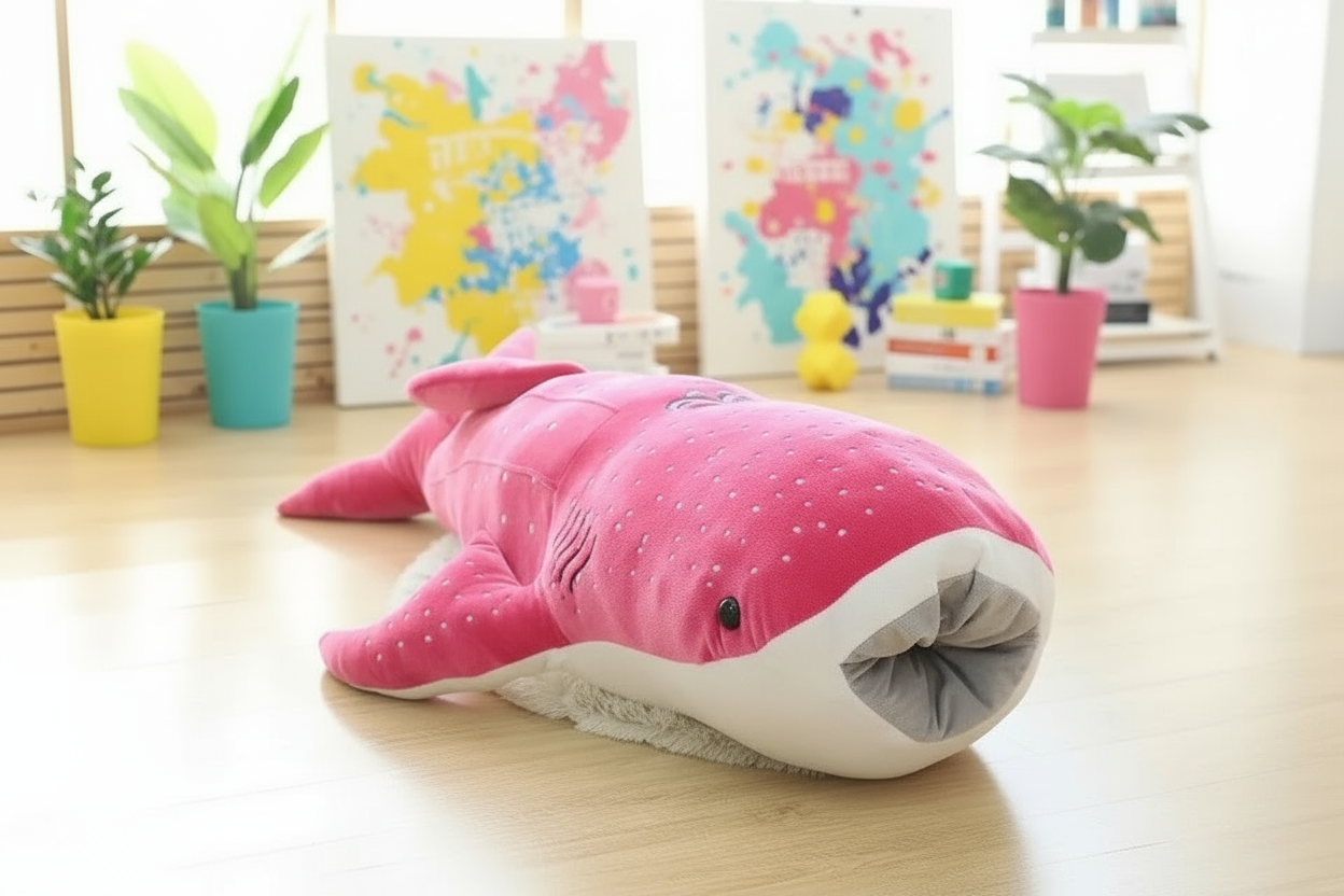 Pink whale shark-shaped plush toy on a wooden floor with colorful abstract paintings and plants in the background.