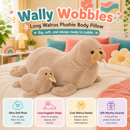 Promotional image showing a walrus plush toy with call outs like gift worthy favorite, ultra soft plush.