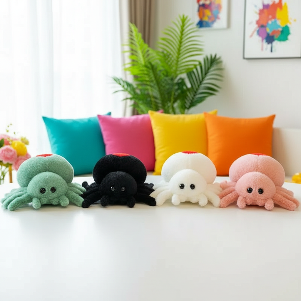 Colorful plush spider toys on a white surface with a decorative background.