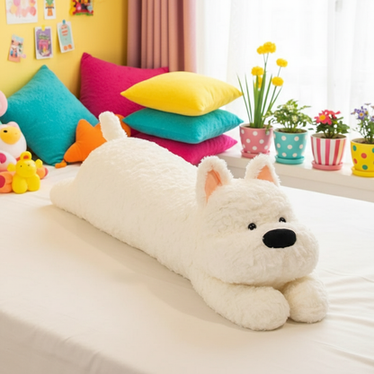 White dog plushie body pillow laying on a bed in a colorful bedroom setting