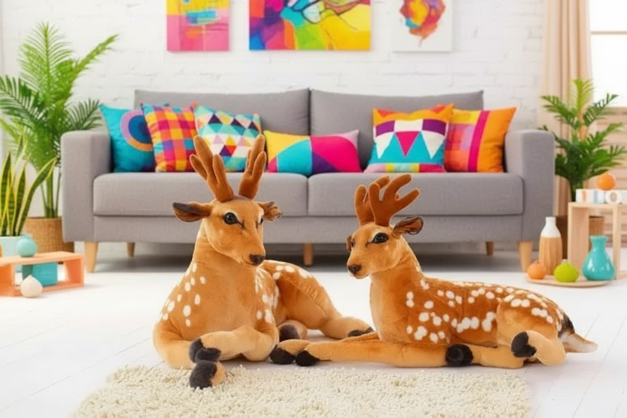 Two plush deer toys on a rug in a living room with colorful cushions and plants.