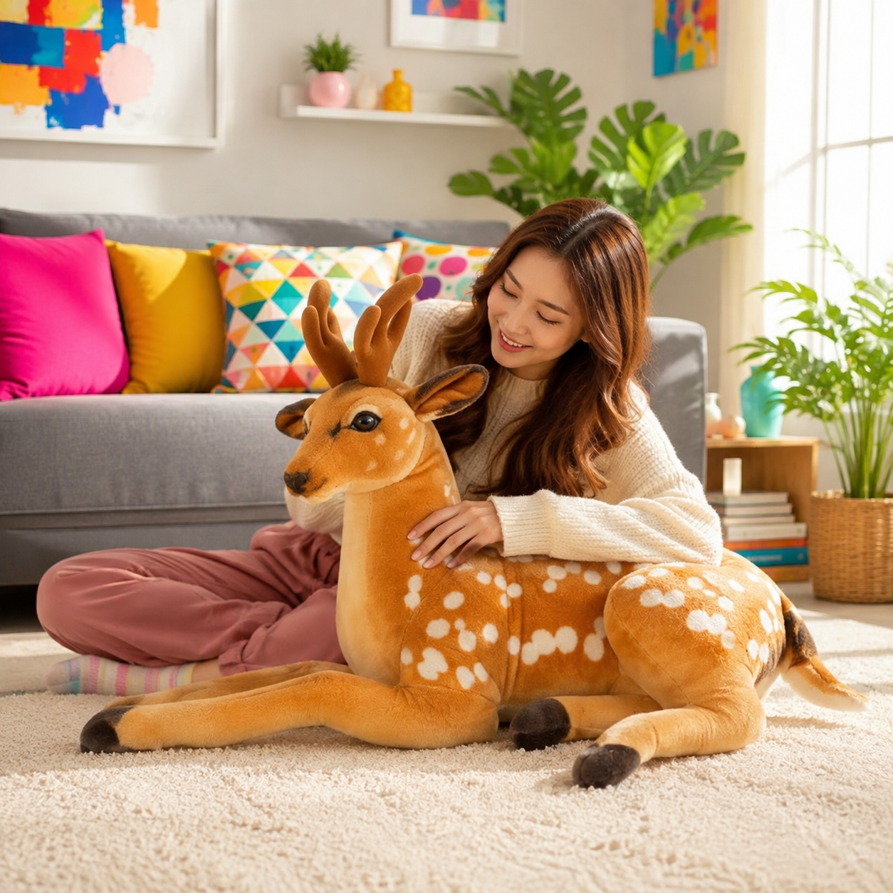 A woman sitting on a cream carpet in a brightly lit living room, holding and petting a large plush dalmatian-style deer toy with brown antlers and white spots.